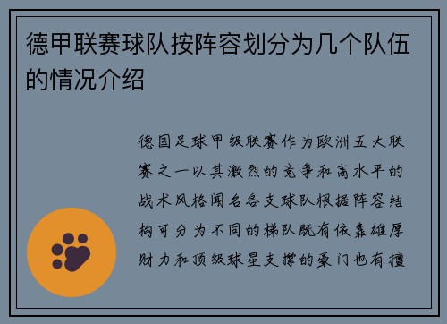 德甲联赛球队按阵容划分为几个队伍的情况介绍