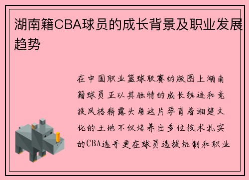湖南籍CBA球员的成长背景及职业发展趋势