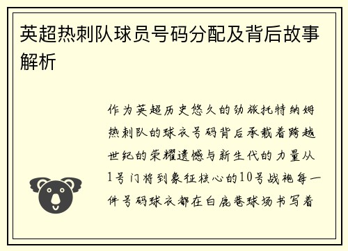 英超热刺队球员号码分配及背后故事解析